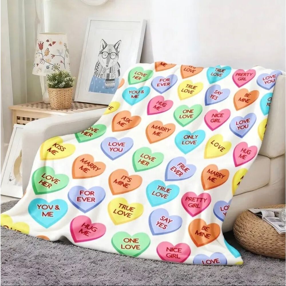 NWT Valentines Candy Hearts Digital Print Polyester Knit Blanket Throw 40" x 50"